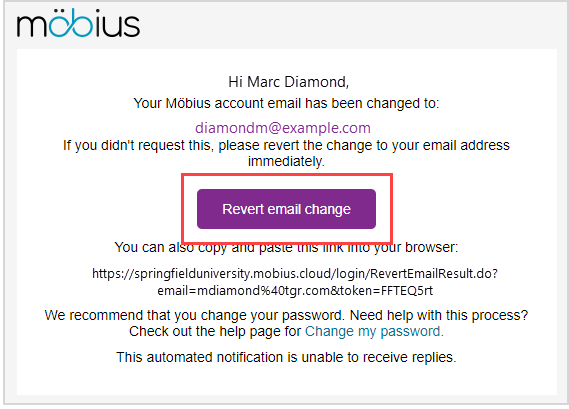 The "Revert email change" button is contained in the confirmation message to your old email.